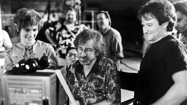 Roberts, Spielberg, Williams Watch Dailies on 'Hook' Set, 1991.